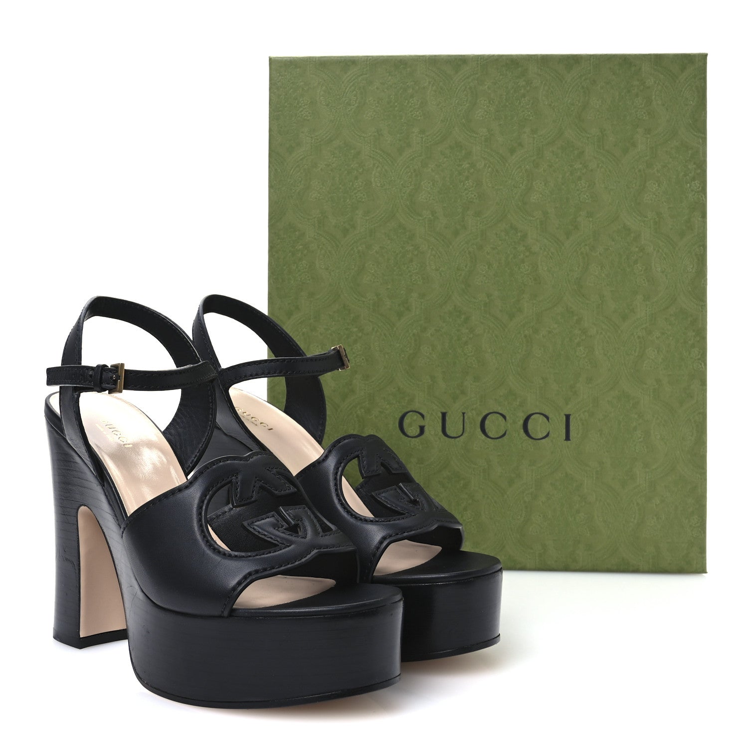 Gucci Cosmos Softy Calfskin Wooden Interlocking G Cut-Out 30/120mm Platform Sandals 39.5 Black 8 of 8