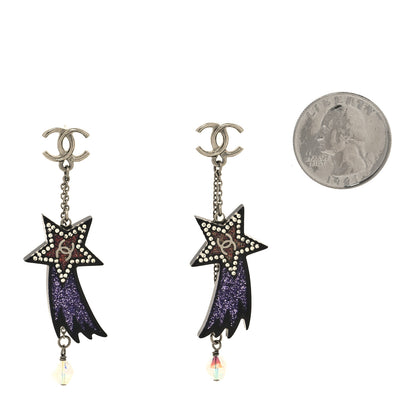 Chanel Resin Crystal CC Shooting Star Dangle Earrings Silver Purple 2 of 4