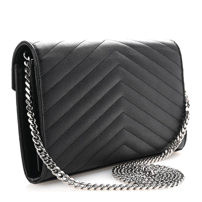 Saint Laurent Grain De Poudre Matelasse Chevron Monogram Chain Wallet Black 3 of 10