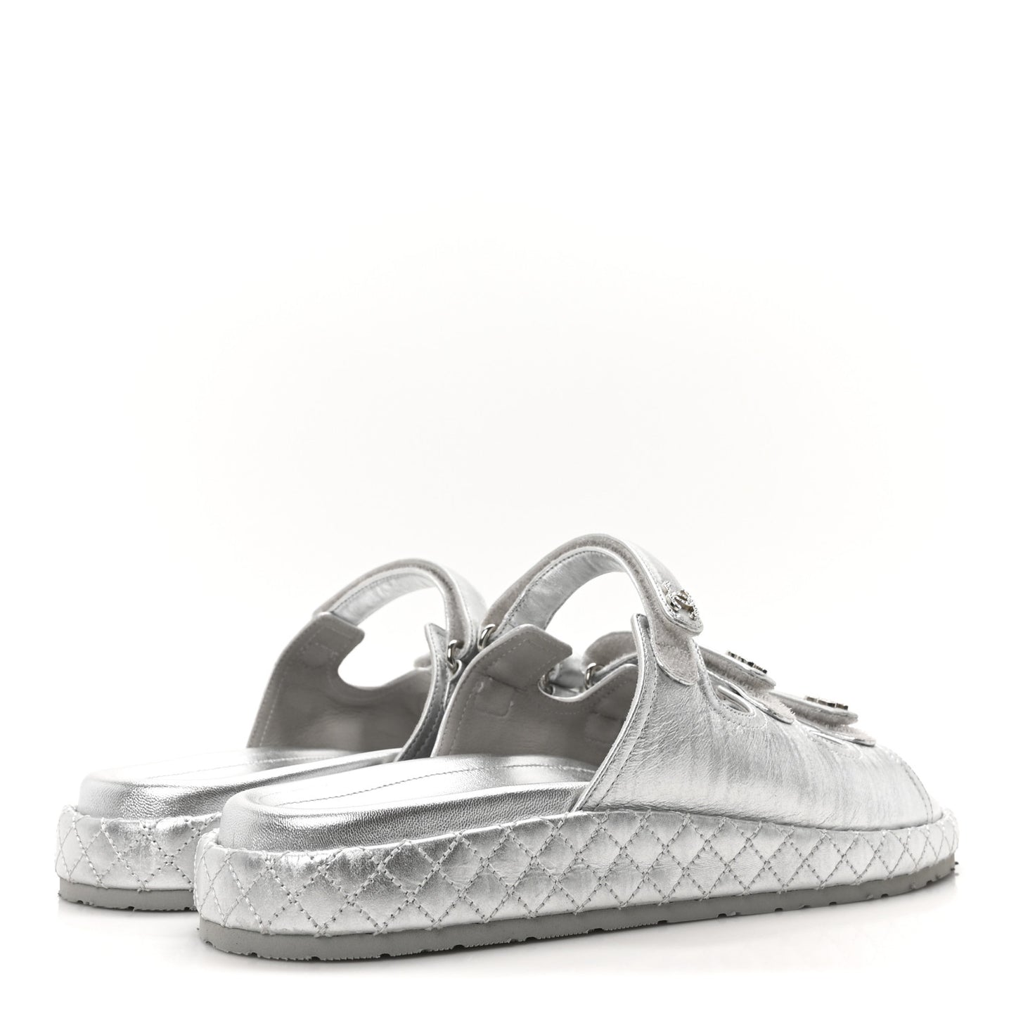 Laminated Lambskin Quilted Velcro Crystal CC Dad Slide Sandals 40 Silver