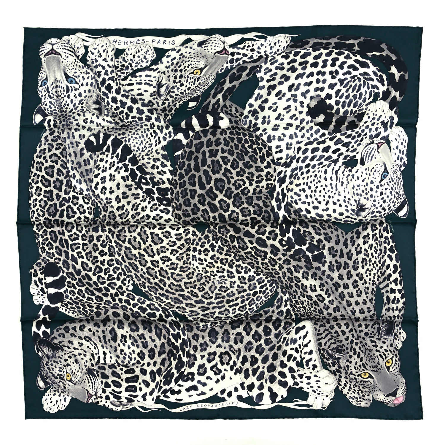 Hermes Silk Twill Lazy Leopardesses Scarf 90 Vert Black Gris 1 of 6