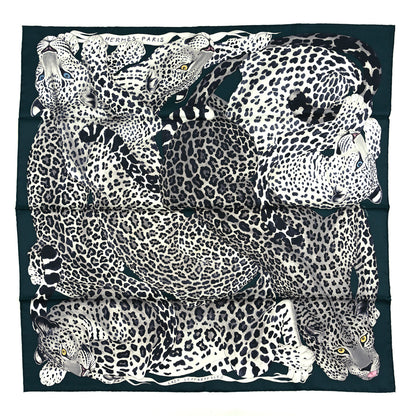 Hermes Silk Twill Lazy Leopardesses Scarf 90 Vert Black Gris 1 of 6
