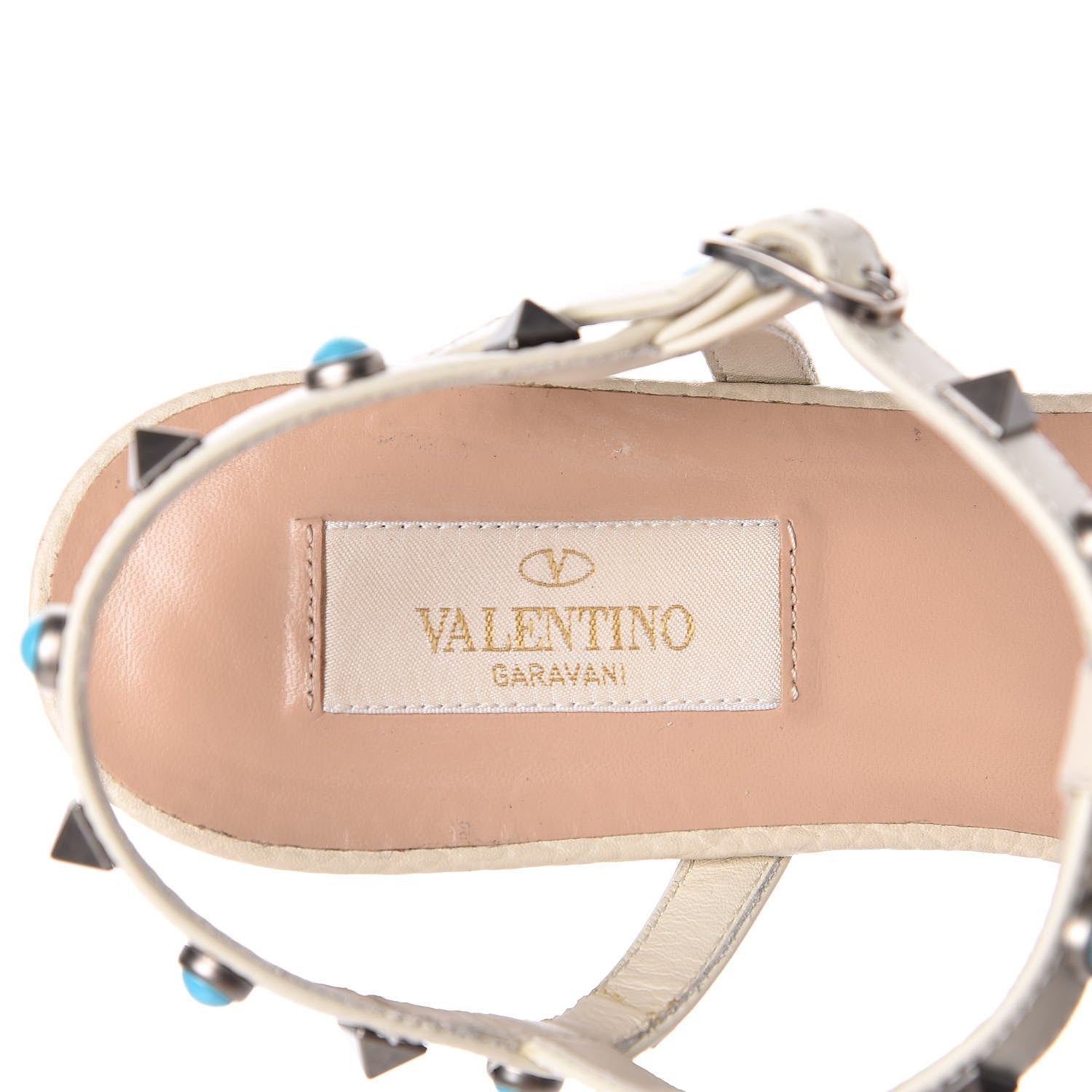Valentino Garavani Calfskin Turquoise Rockstud Rolling Gladiator Flat Sandals 37 Light Ivory 7 of 8