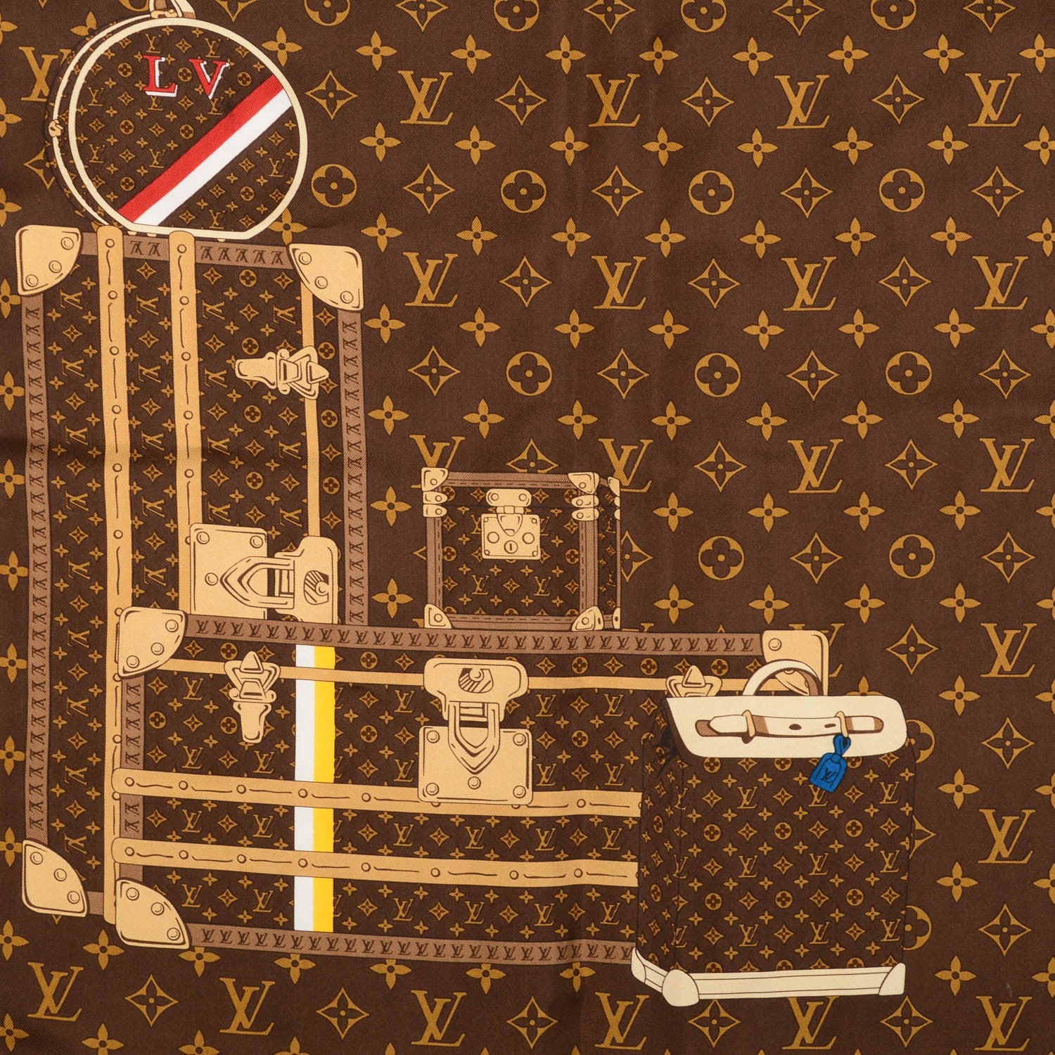 Louis Vuitton Silk Monogram Trunks Square Scarf Brown 1 of 5