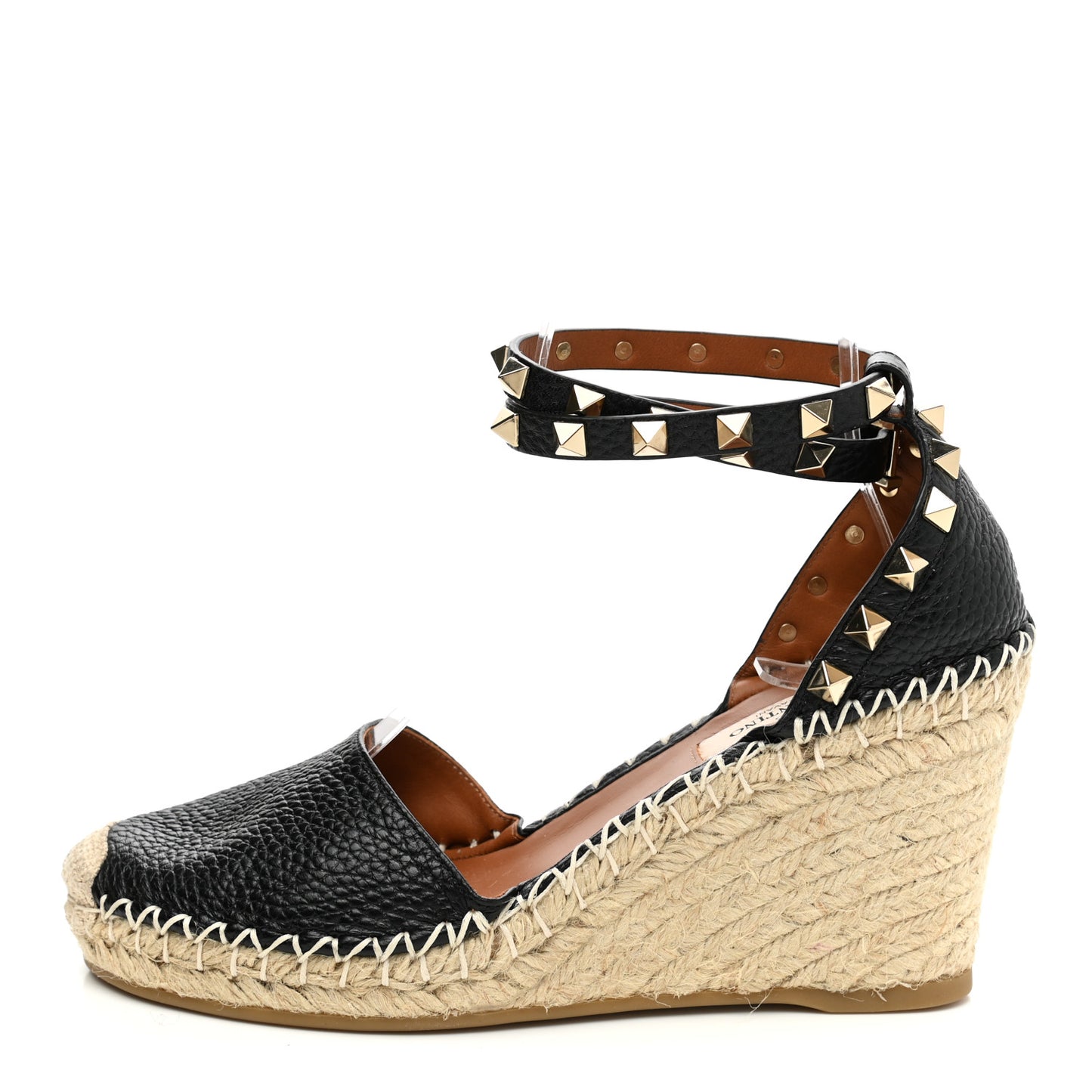 Grained Calfskin Rockstud Ankle Wrap Espadrille 15/85mm Wedges 35 Black Light Cuir