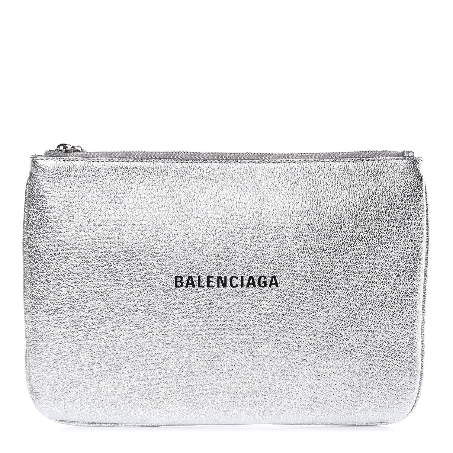 Balenciaga Metallic Goatskin Logo Large Everyday Zip Pouch Argent Black 1 of 8