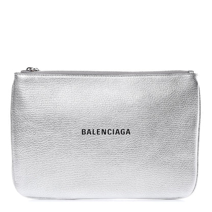 Balenciaga Metallic Goatskin Logo Large Everyday Zip Pouch Argent Black 1 of 8