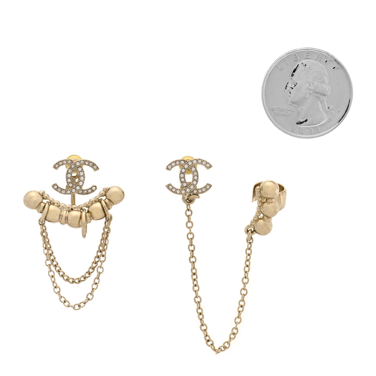 Chanel Metal Crystal CC Chain Cuff Earrings Gold 2 of 4