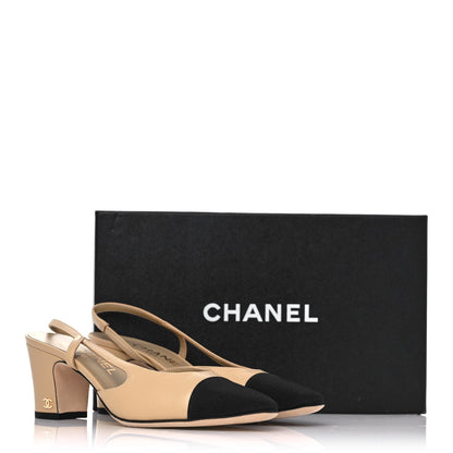 Chanel Goatskin Grosgrain Cap Toe CC Slingback Pumps 37.5 Beige Black 10 of 10