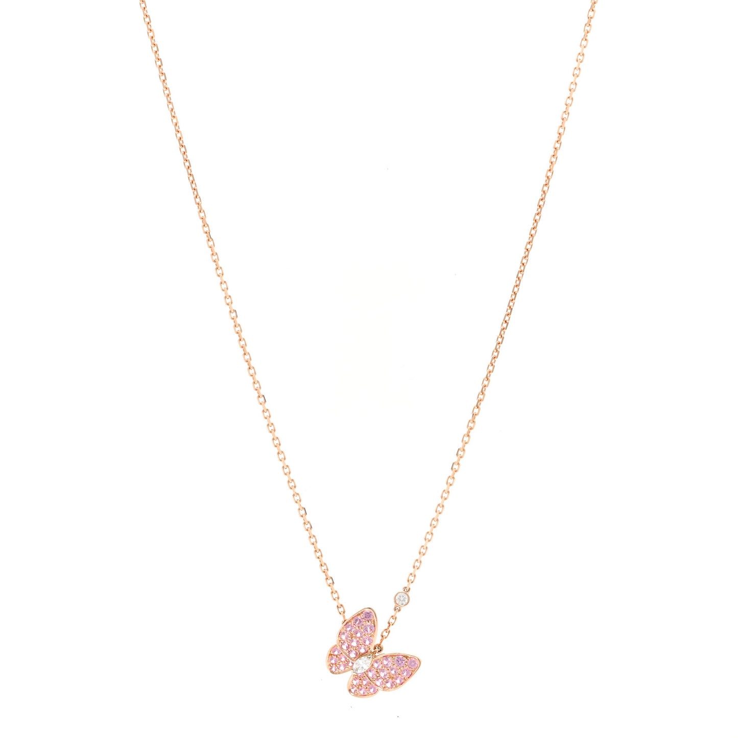 18K Rose Gold Diamond Pink Sapphire Two Butterfly Pendant Necklace