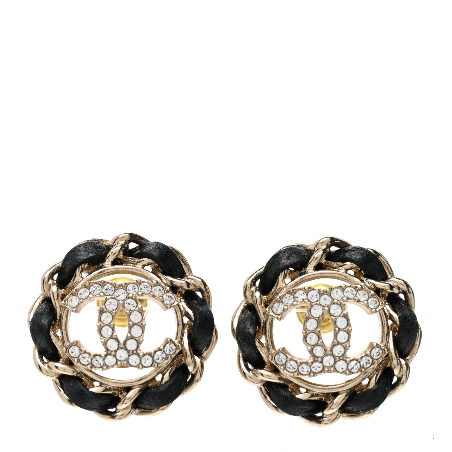 Crystal Lambskin Chain CC Stud Earrings Black Gold