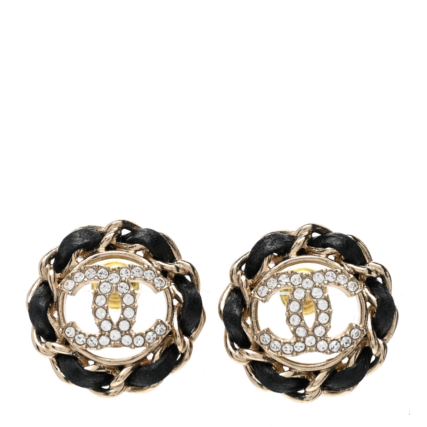 Chanel Crystal Lambskin Chain CC Stud Earrings Black Gold 1 of 5