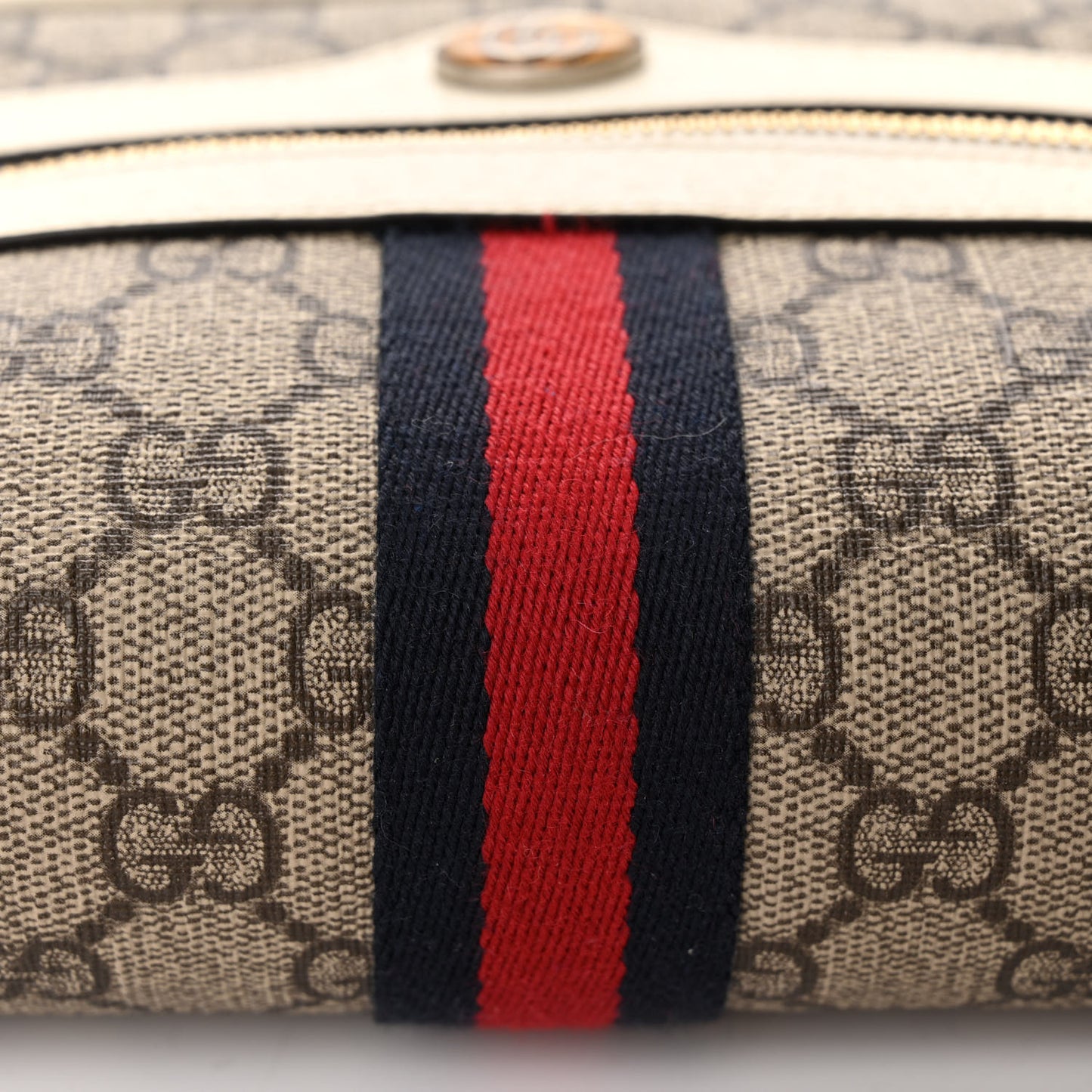GG Supreme Monogram Textured Calfskin Web Mini Ophidia Shoulder Bag Beige Ebony Mystic White
