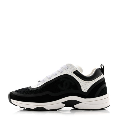 Chanel Tweed Suede Calfskin CC Sneakers 39 Black White 1 of 9