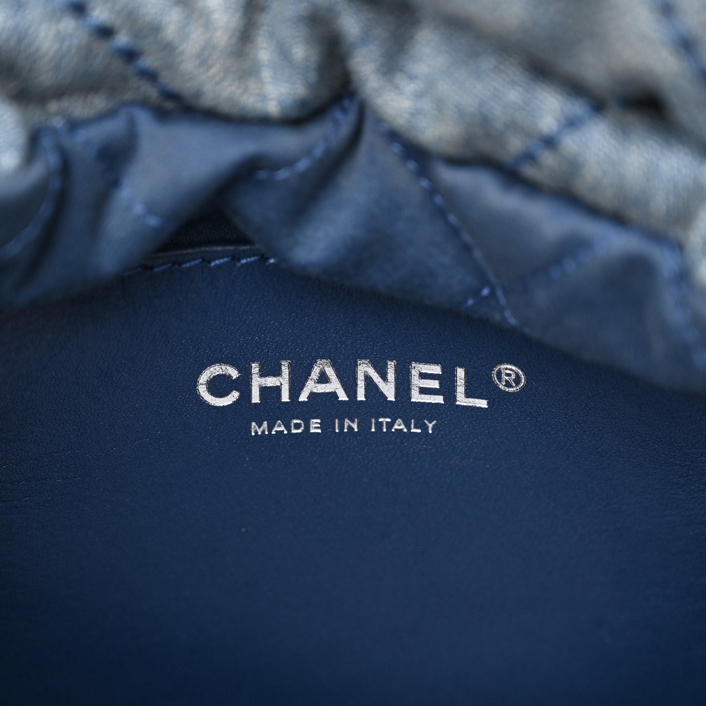 Washed Denim Quilted Studded Mini Chanel 22 Blue