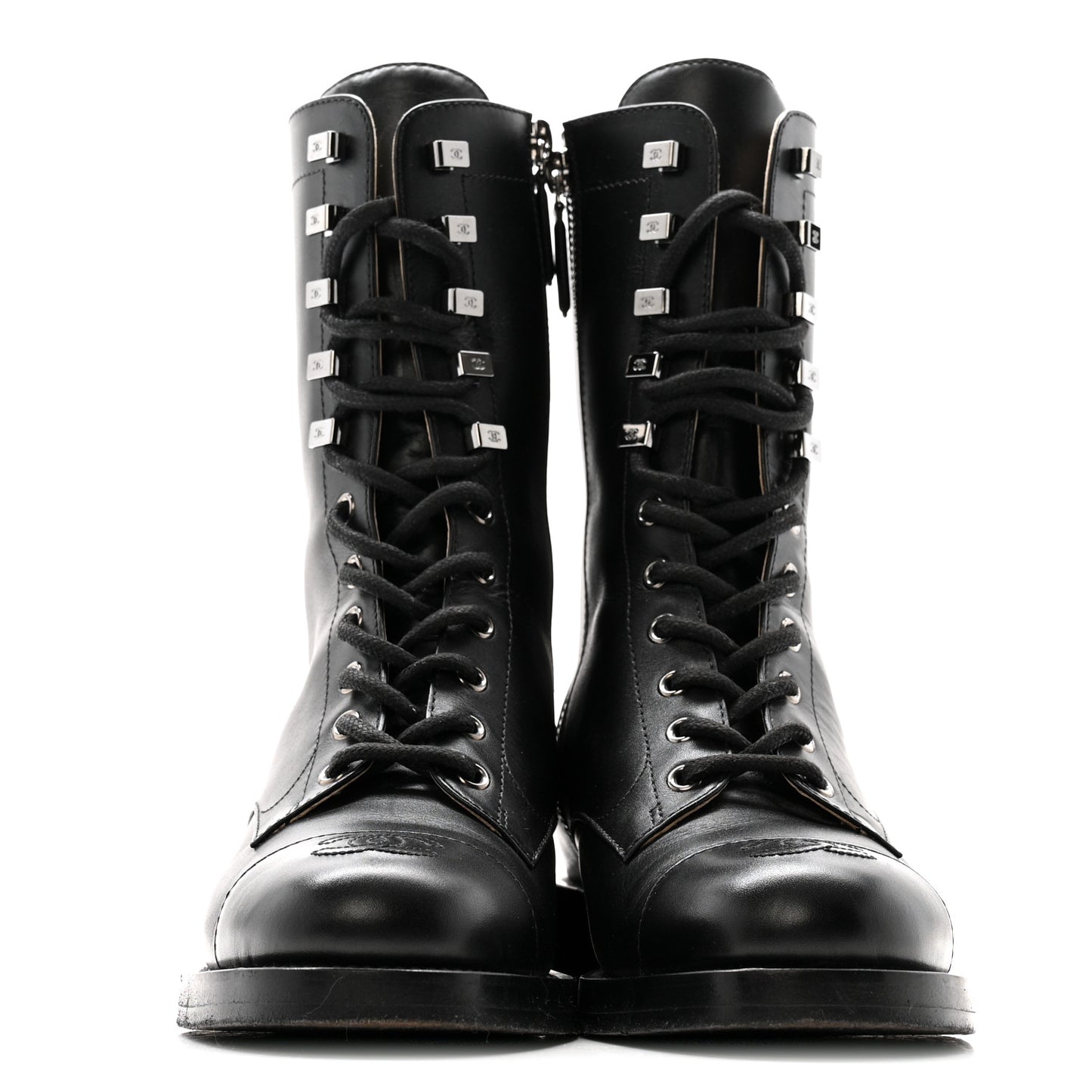 Calfskin Cap Toe Lace Up Combat Boots 38 Black