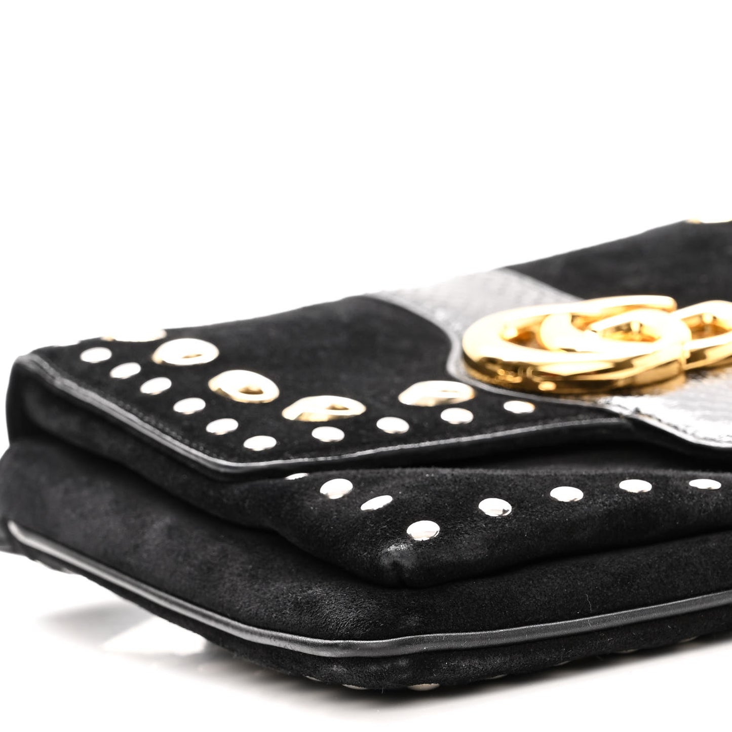 Suede Snakeskin Studded Medium Arli Flap Shoulder Bag Black
