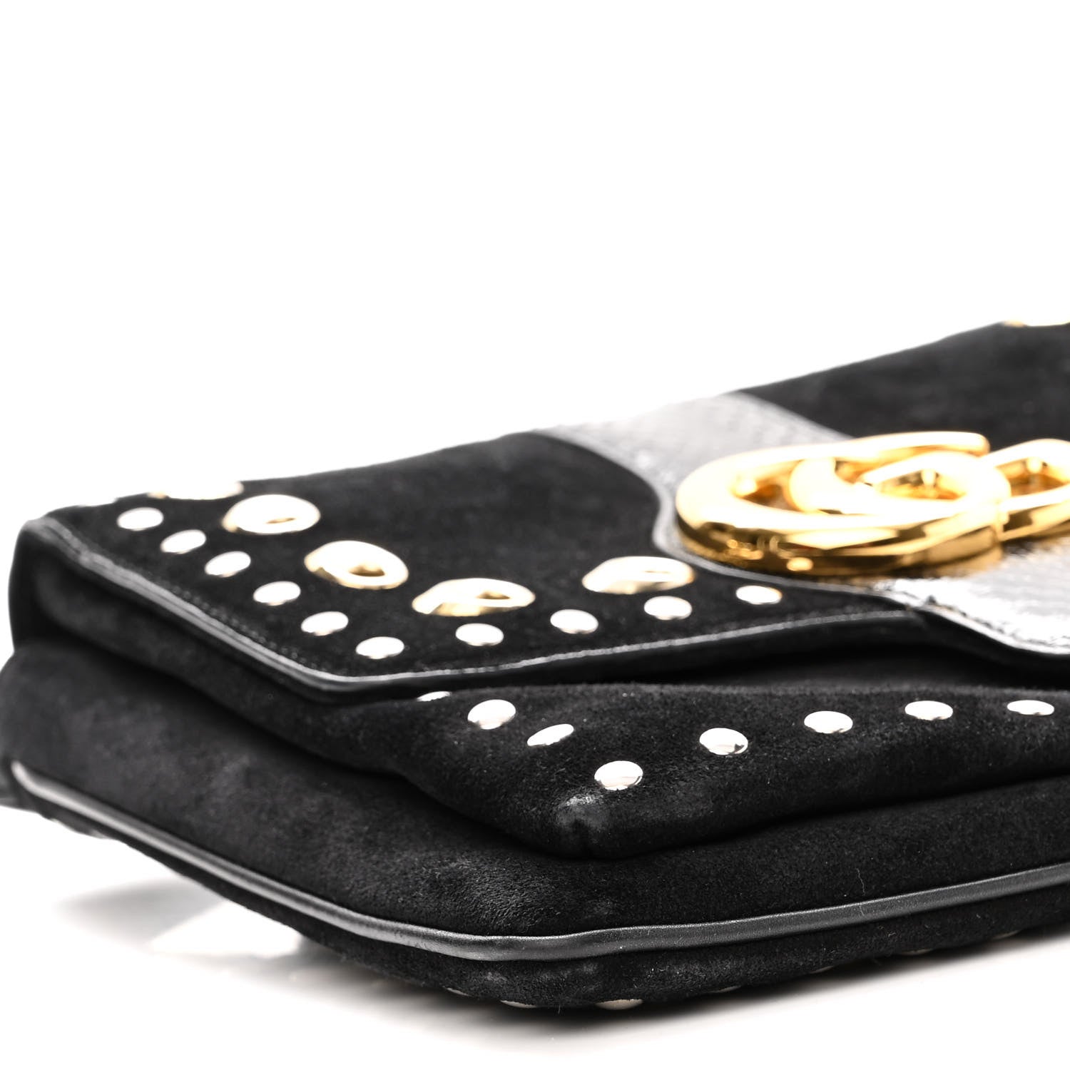 Gucci Suede Snakeskin Studded Medium Arli Flap Shoulder Bag Black 9 of 10