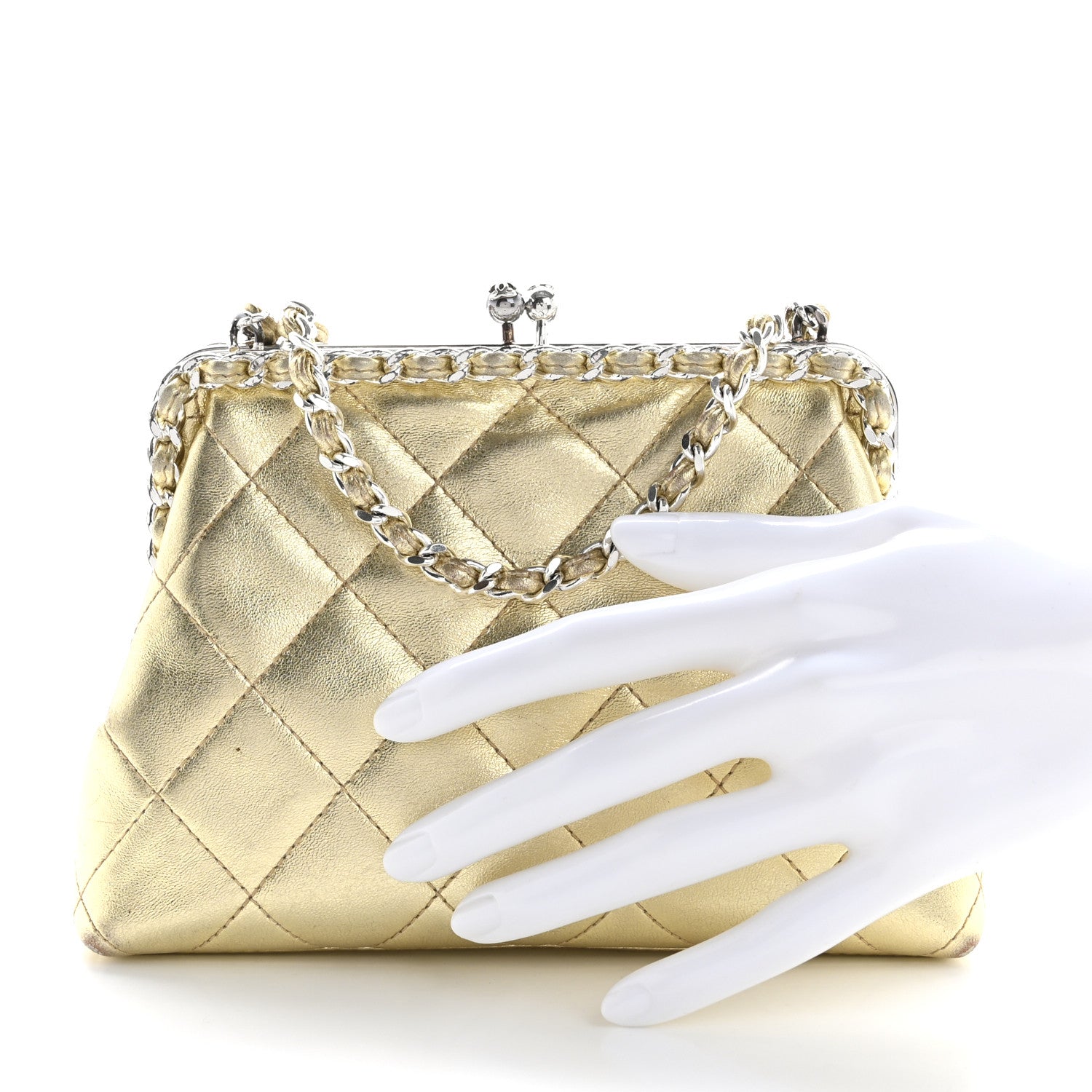 Chanel Metallic Lambskin Quilted Chain Around Kiss Lock Evening Clutch Gold 3 of 15
