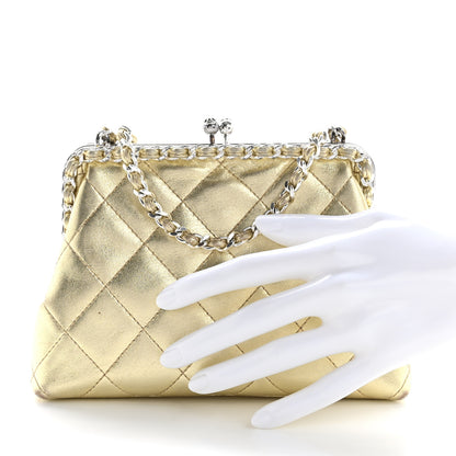 Chanel Metallic Lambskin Quilted Chain Around Kiss Lock Evening Clutch Gold 3 of 15