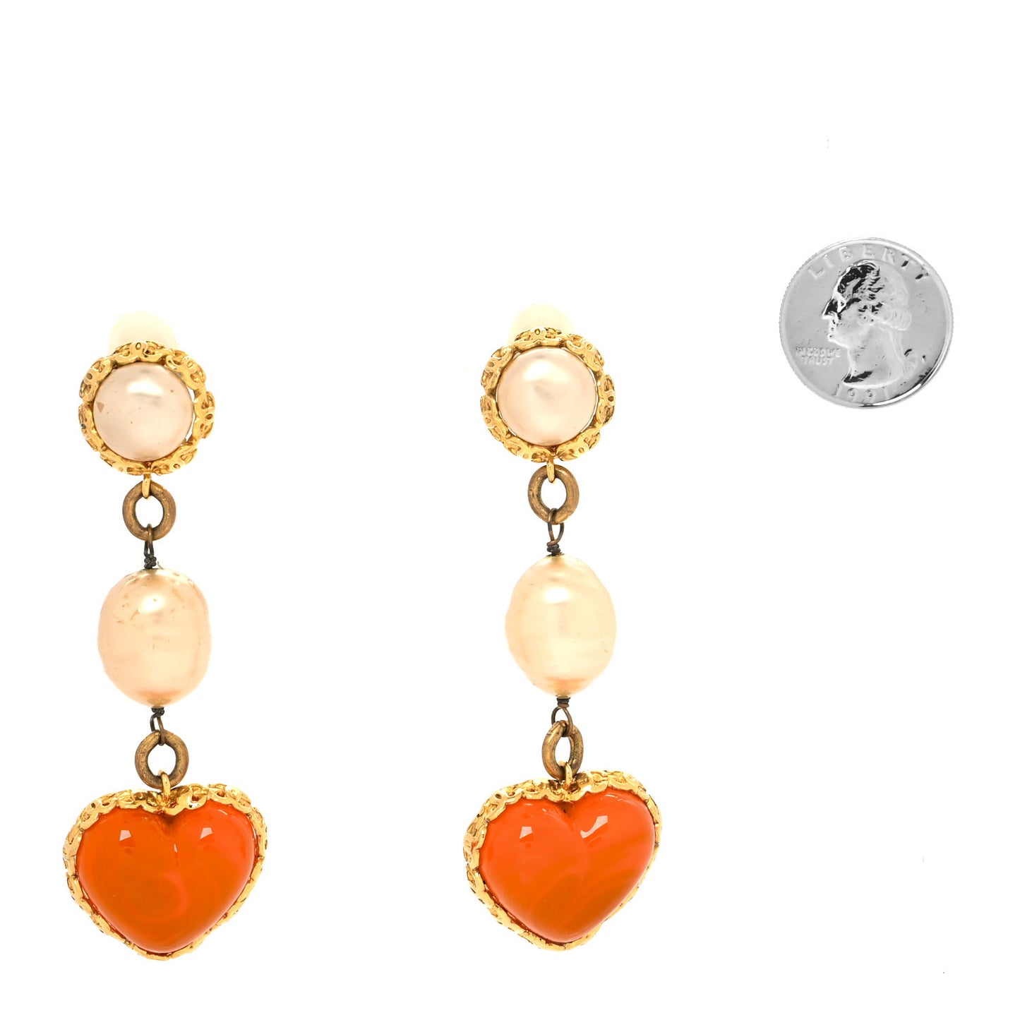 Pearl Enamel Heart Clip On Earrings Gold