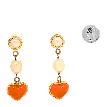 Chanel Pearl Enamel Heart Clip On Earrings Gold 2 of 5