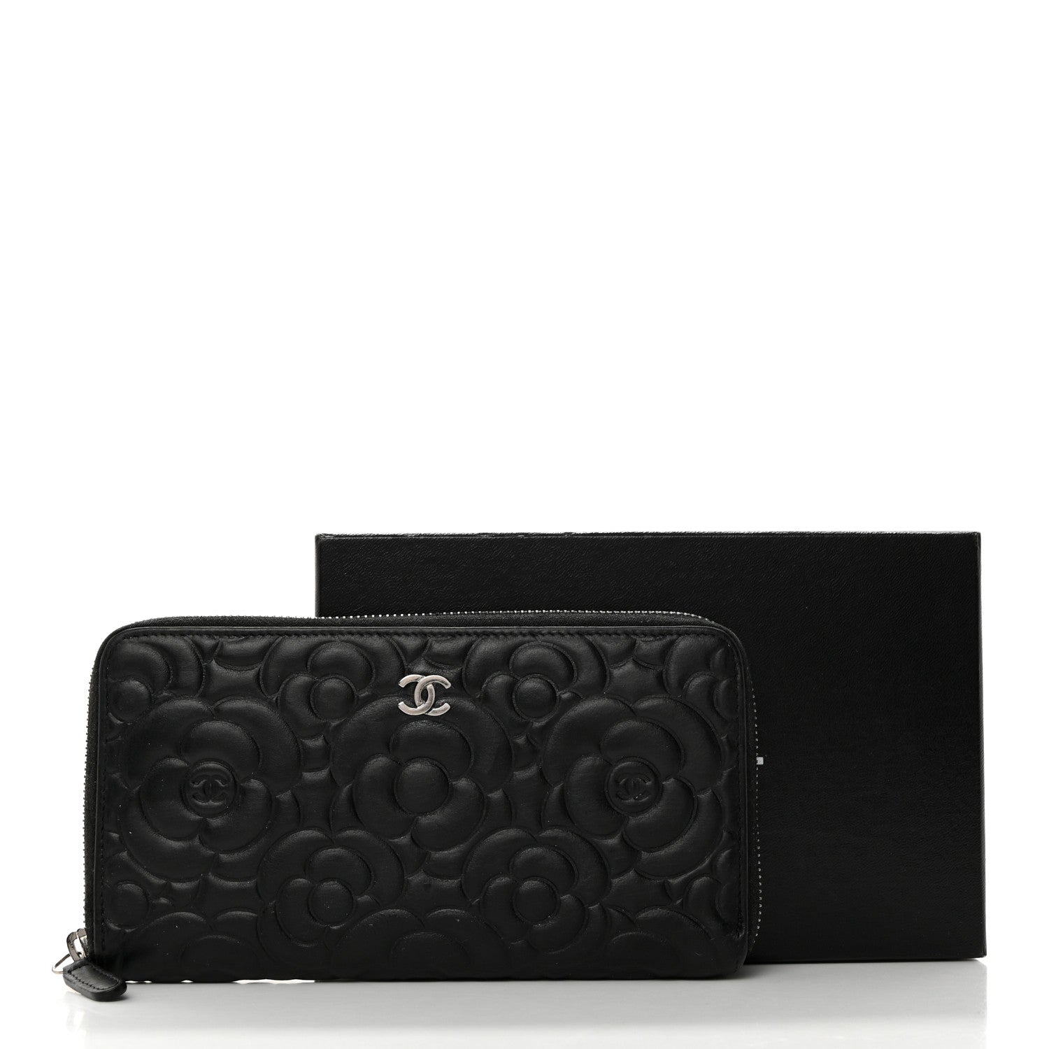 Chanel Lambskin Camellia Embossed Large Zip Around Gusset Wallet Black 12 of 12