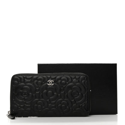 Chanel Lambskin Camellia Embossed Large Zip Around Gusset Wallet Black 12 of 12