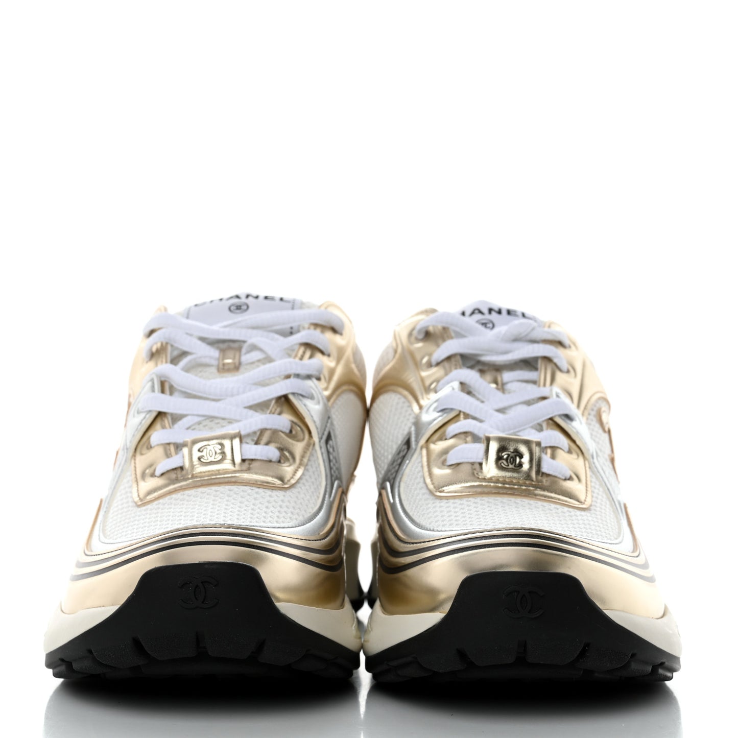 Fabric Laminated Calfskin Stretch CC Womens Sneakers 40 White Silver