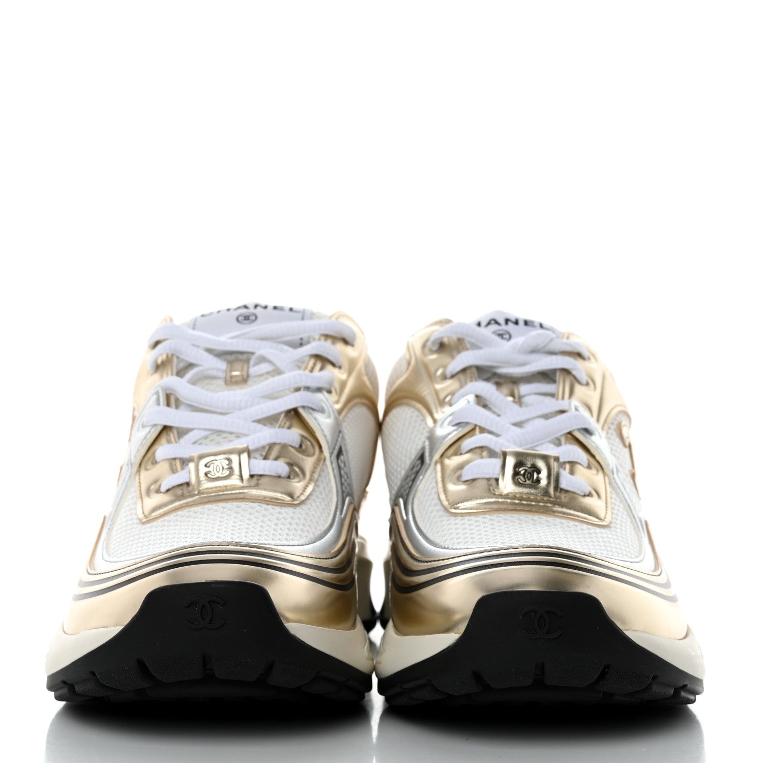 Chanel Fabric Laminated Calfskin Stretch CC Womens Sneakers 40 White Silver 2 of 9