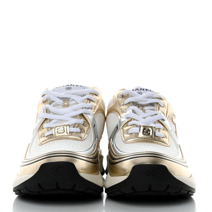 Chanel Fabric Laminated Calfskin Stretch CC Womens Sneakers 40 White Silver 2 of 9