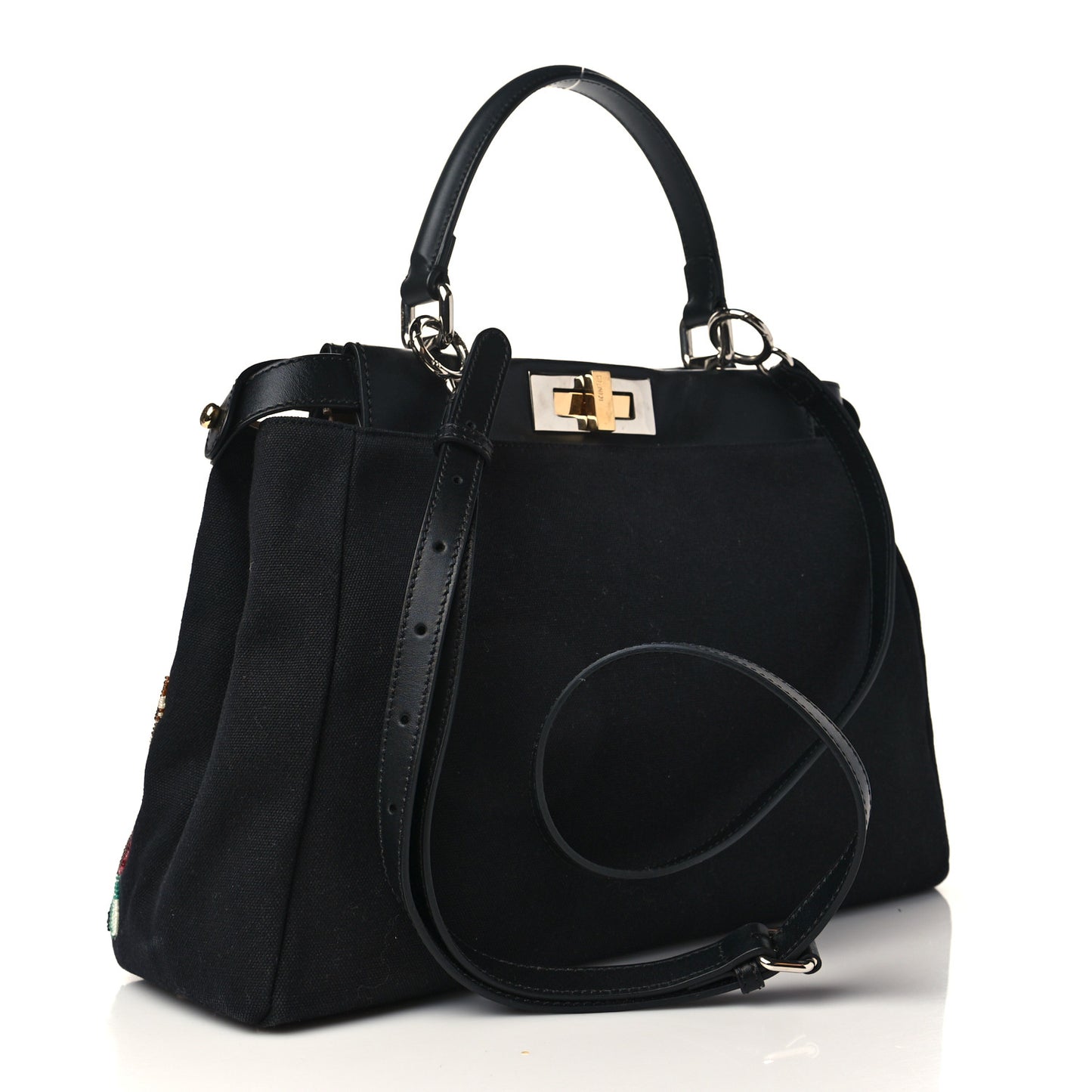 Canvas Beaded Floral Medium Peekaboo Iconic Satchel Black