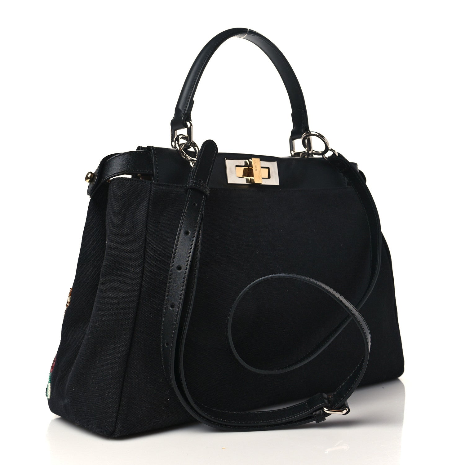 Fendi Canvas Beaded Floral Medium Peekaboo Iconic Satchel Black 2 of 5