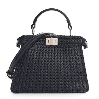 Fendi Vitello King Shiny Nappa Intreccio Petite Peekaboo I SEE U Satchel Midnight 1 of 12