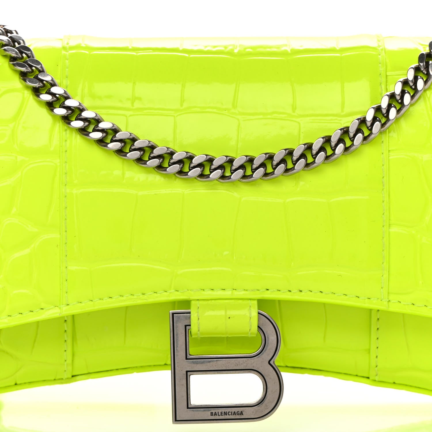 Balenciaga Shiny Calfskin Crocodile Embossed Hourglass Chain Bag Fluo Yellow 8 of 11