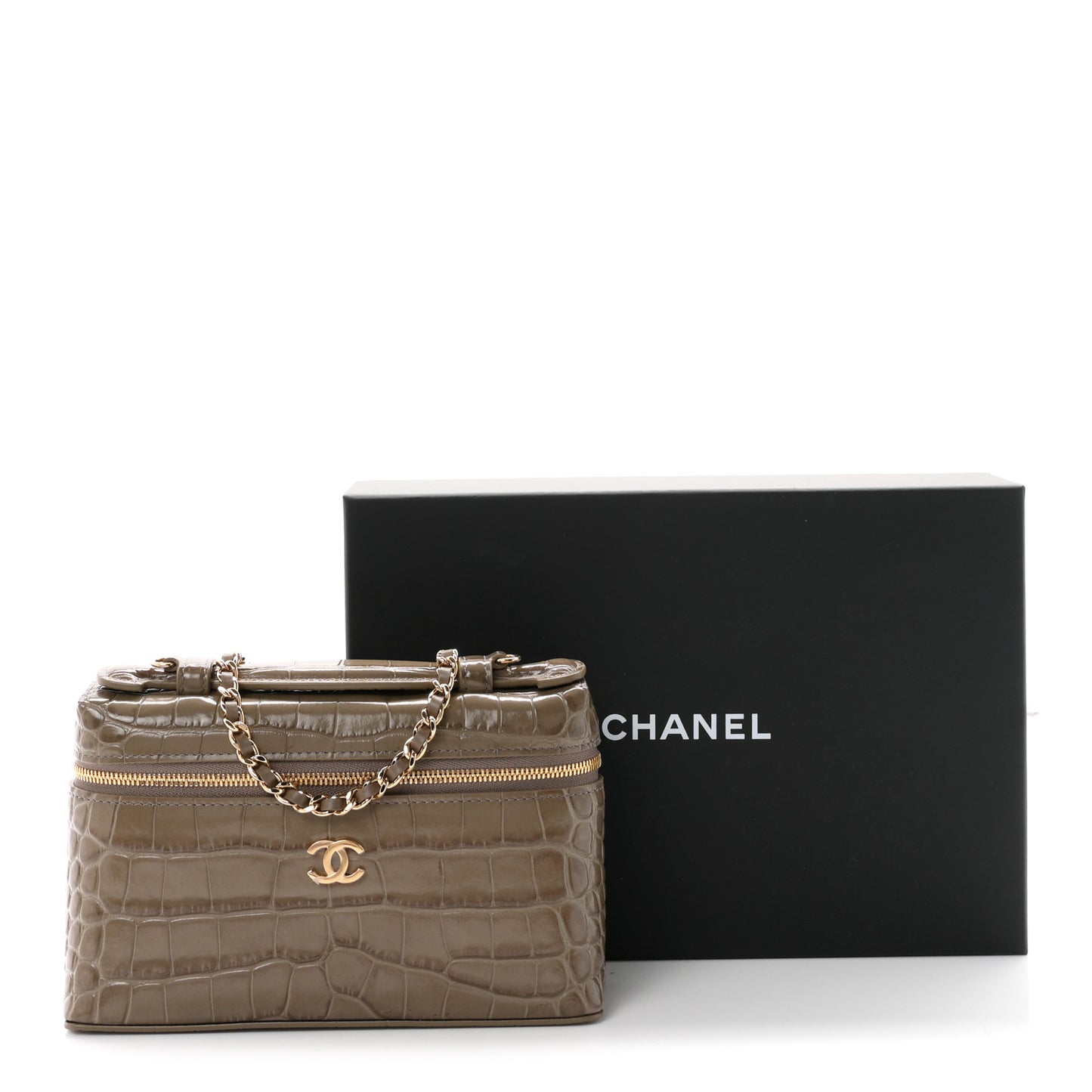 Calfskin Crocodile Embossed Top Handle Trapeze Small Vanity Case With Chain Dark Khaki