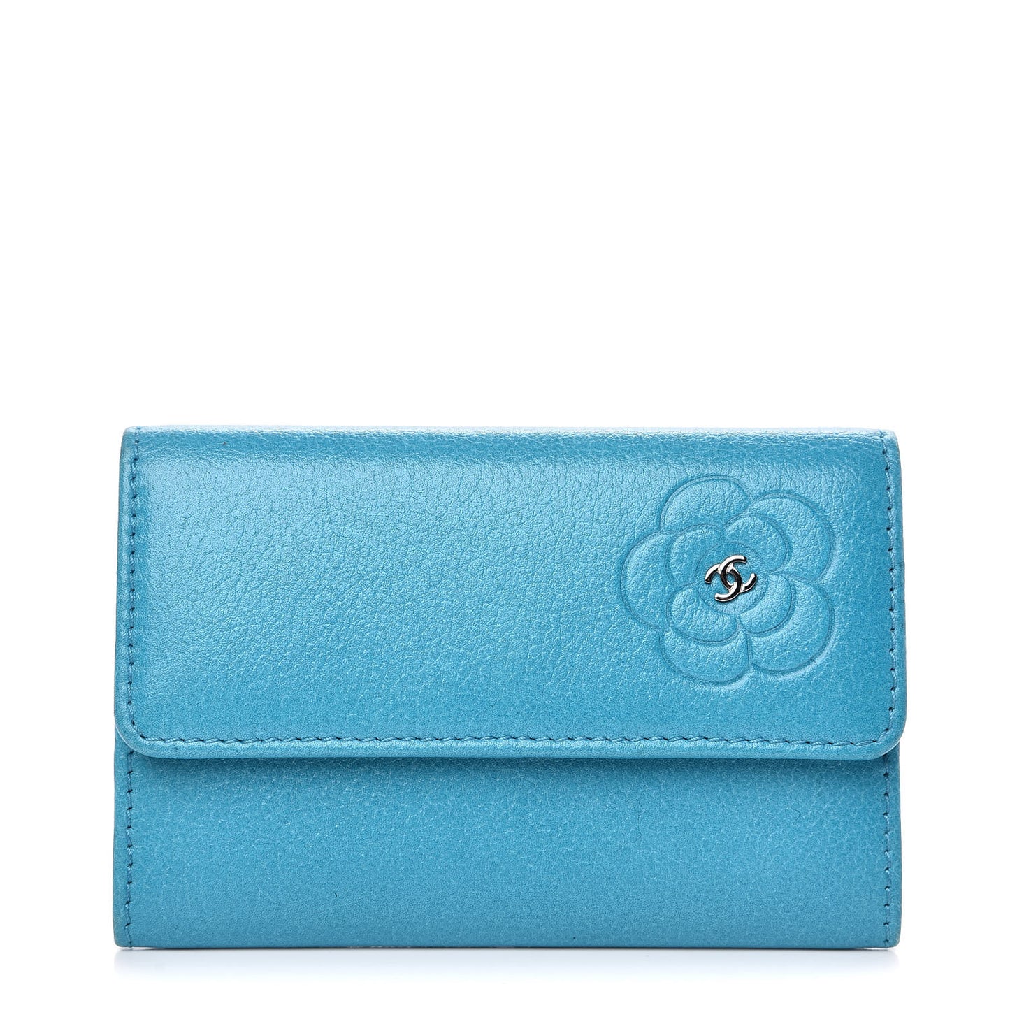 Goatskin Camellia Embossed Card Holder Turquoise