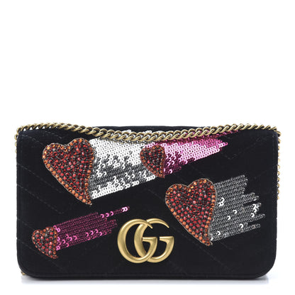 Gucci Velvet Matelasse Crystal Sequin Heart Embroidered GG Marmont Mini Bag Black 1 of 12