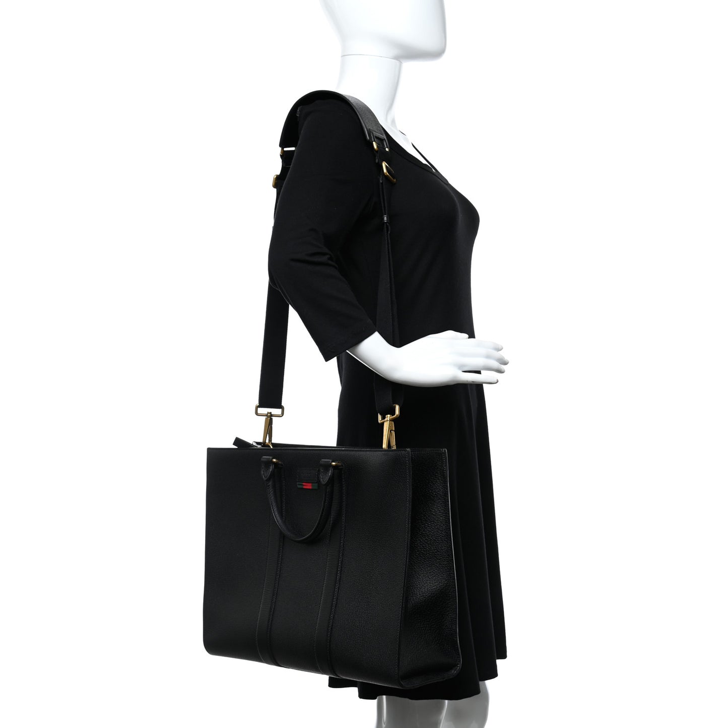 Grained Calfskin Web Top Handle Tote Black