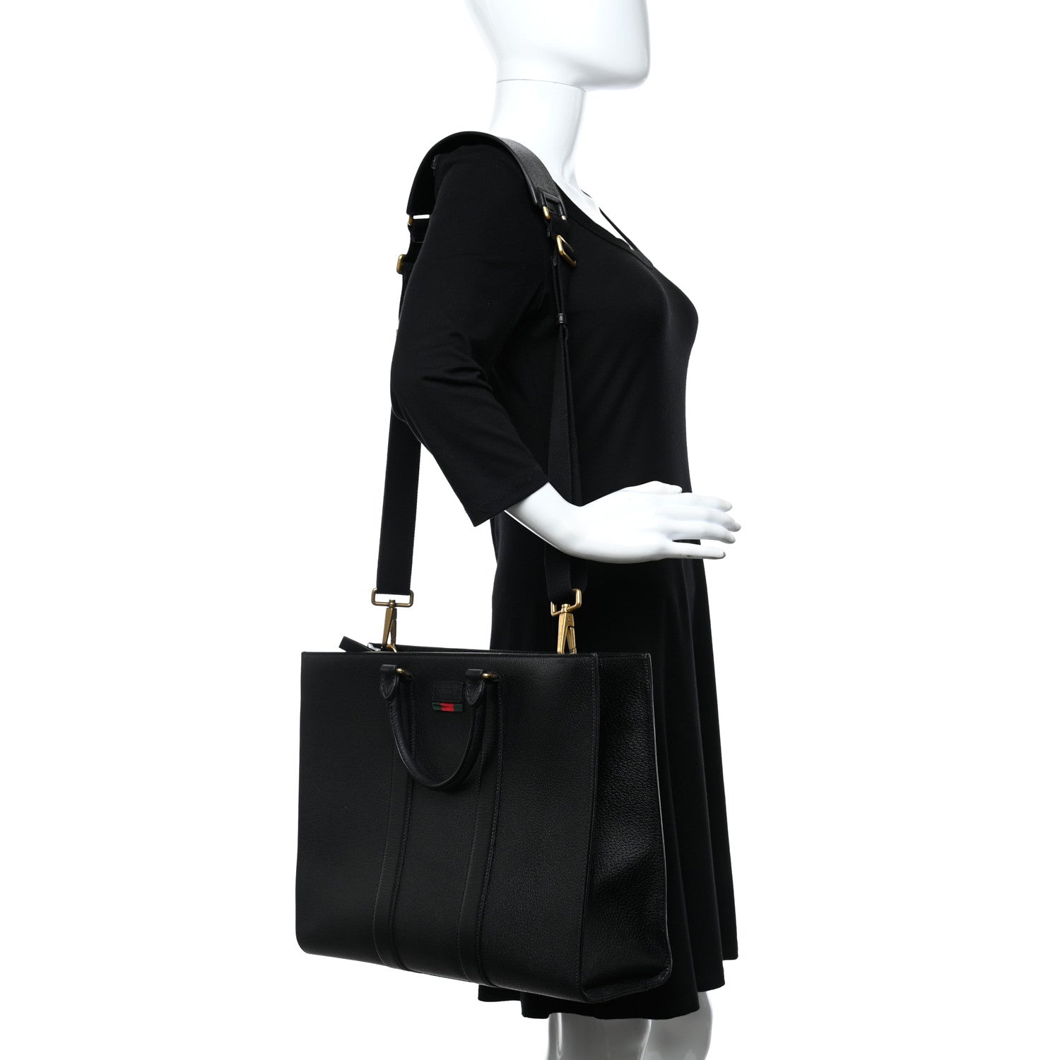 Gucci Grained Calfskin Web Top Handle Tote Black 2 of 9
