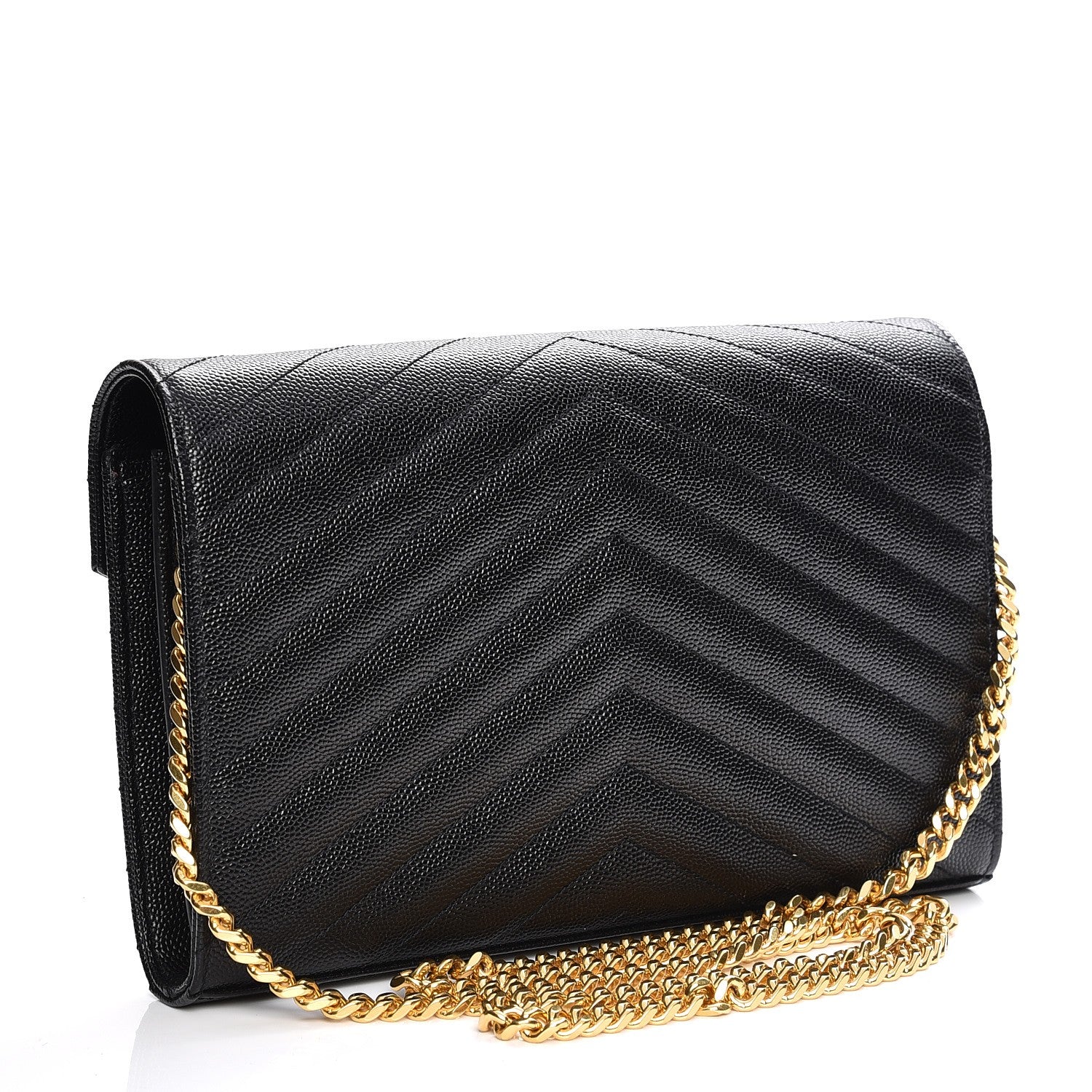 Saint Laurent Grain De Poudre Matelasse Chevron Medium Monogram Chain Wallet Black 3 of 6