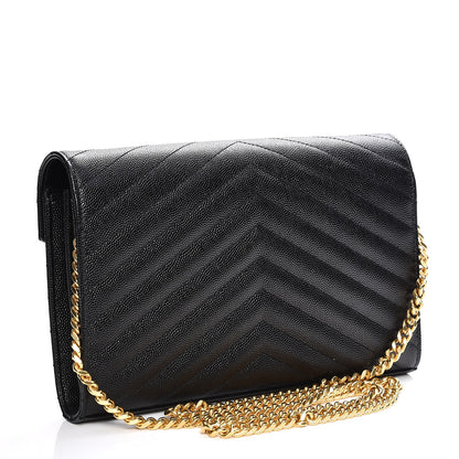 Saint Laurent Grain De Poudre Matelasse Chevron Medium Monogram Chain Wallet Black 3 of 6