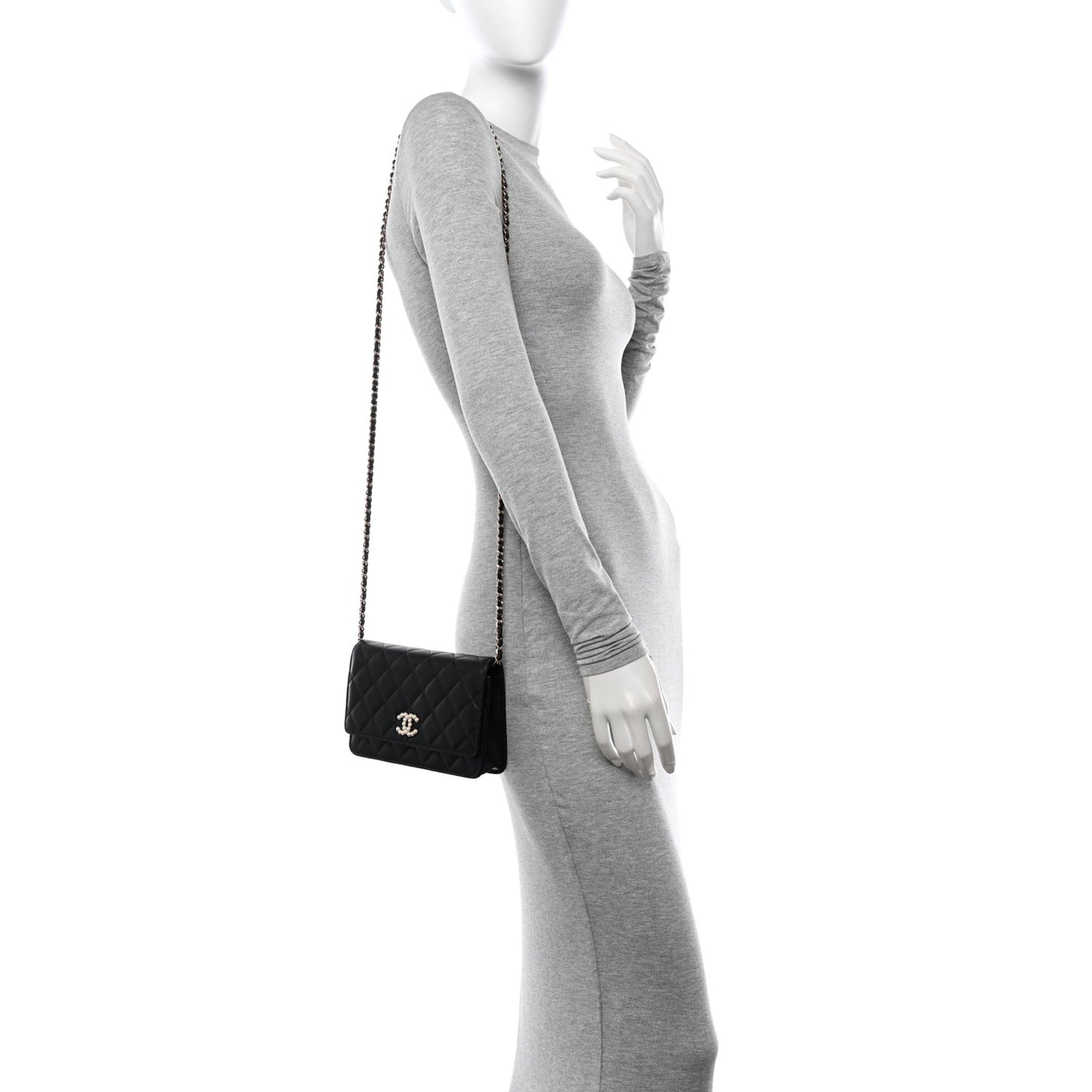 Lambskin Quilted Pearl CC Wallet on Chain WOC Black