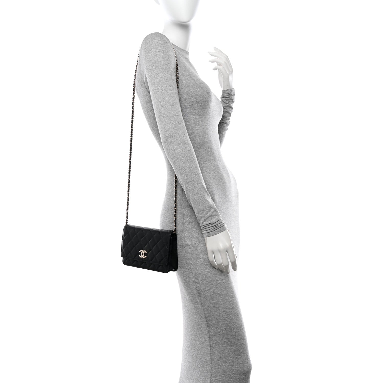 Chanel Lambskin Quilted Pearl CC Wallet on Chain WOC Black 2 of 12