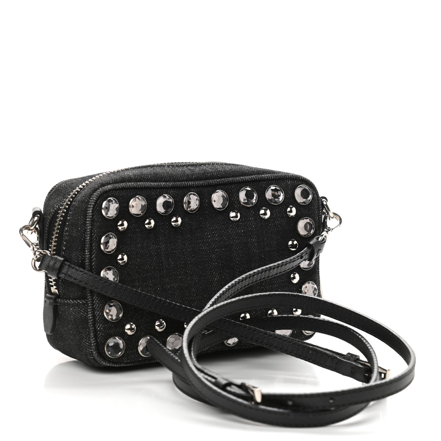 Denim Studded Embellished Mini Camera Crossbody Black