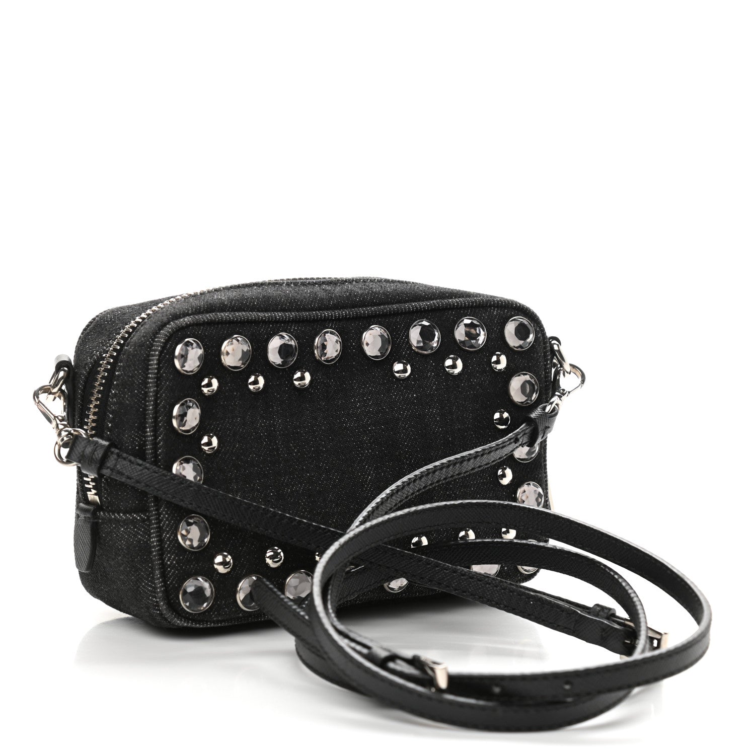 Prada Denim Studded Embellished Mini Camera Crossbody Black 3 of 10