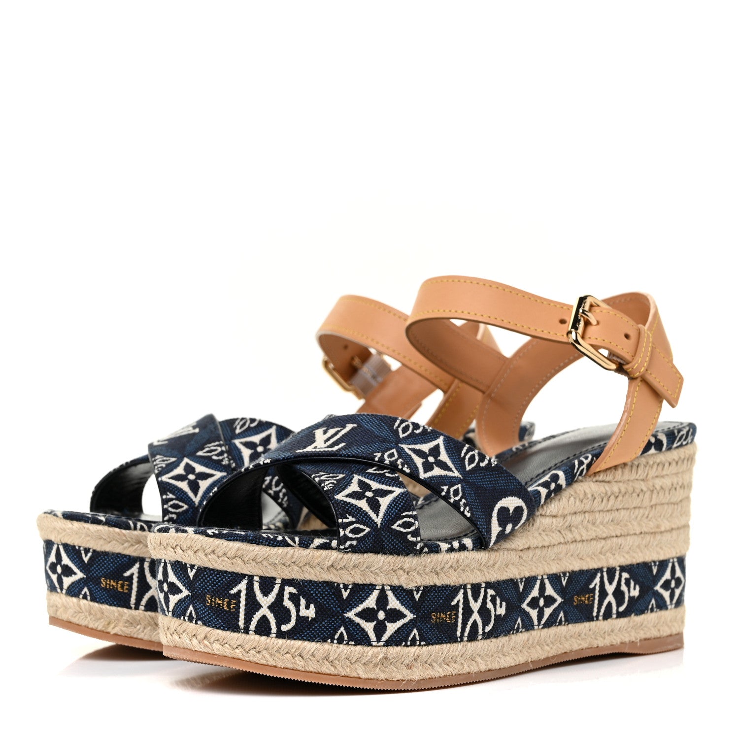 Louis Vuitton Jacquard Calfskin Since 1854 Boundary Wedge Sandals 37.5 Blue 3 of 7