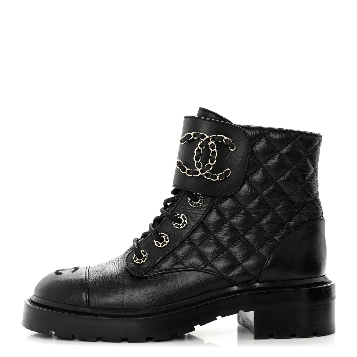 Shiny Goatskin Calfskin Quilted Lace Up Combat Boots 38 Black