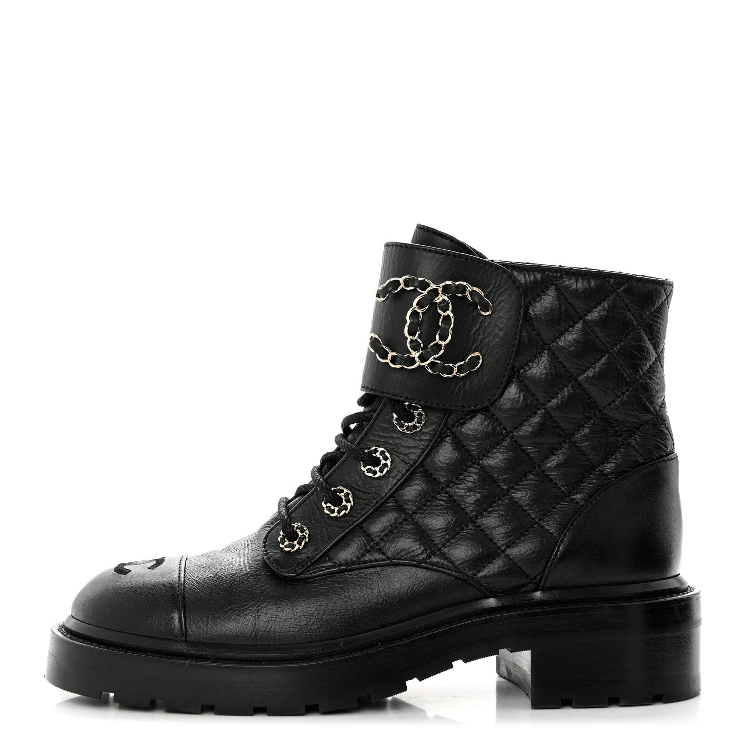 Chanel Shiny Goatskin Calfskin Quilted Lace Up Combat Boots 38 Black 1 of 9