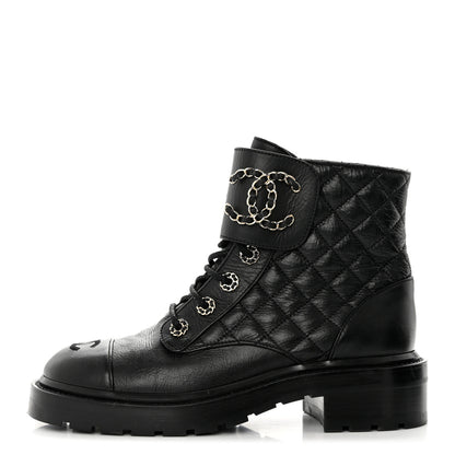 Chanel Shiny Goatskin Calfskin Quilted Lace Up Combat Boots 38 Black 1 of 9